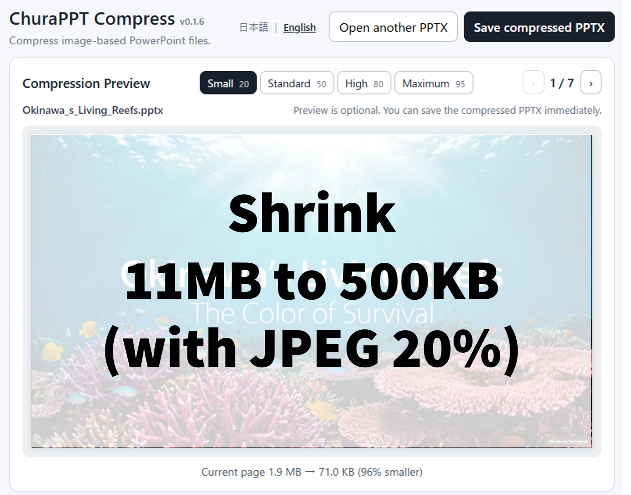 ChuraPPT Compress reducing an 11MB PowerPoint presentation to about 500KB